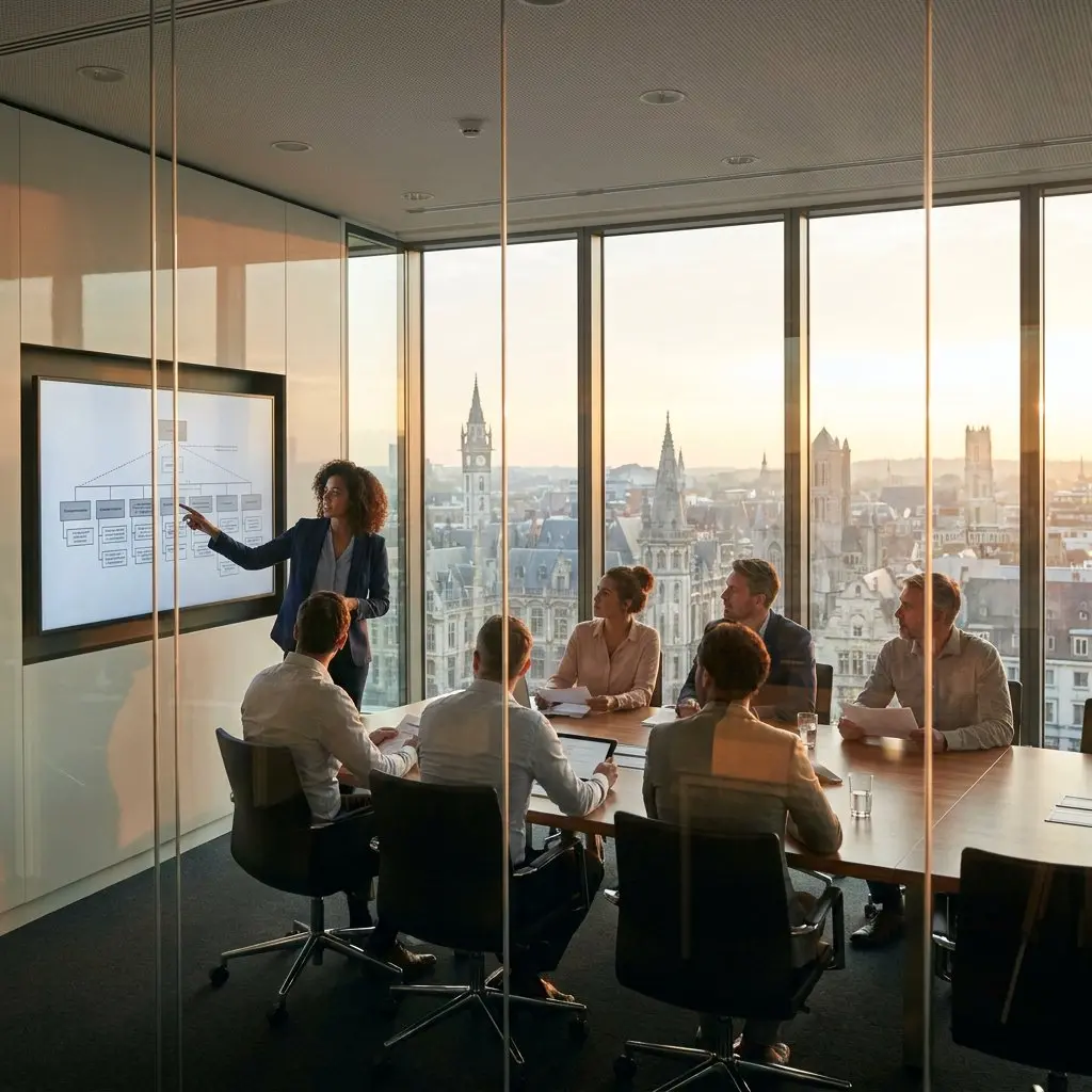 Strategische bedrijfsmeeting in een modern kantoor met presentatie en teamoverleg.