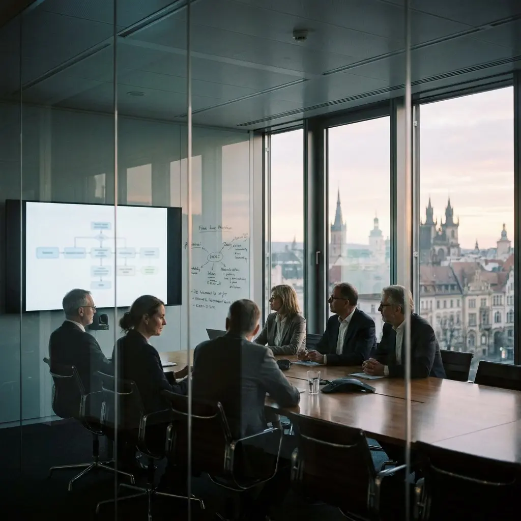 Business professionals in a meeting in a modern conference room overlooking the city.