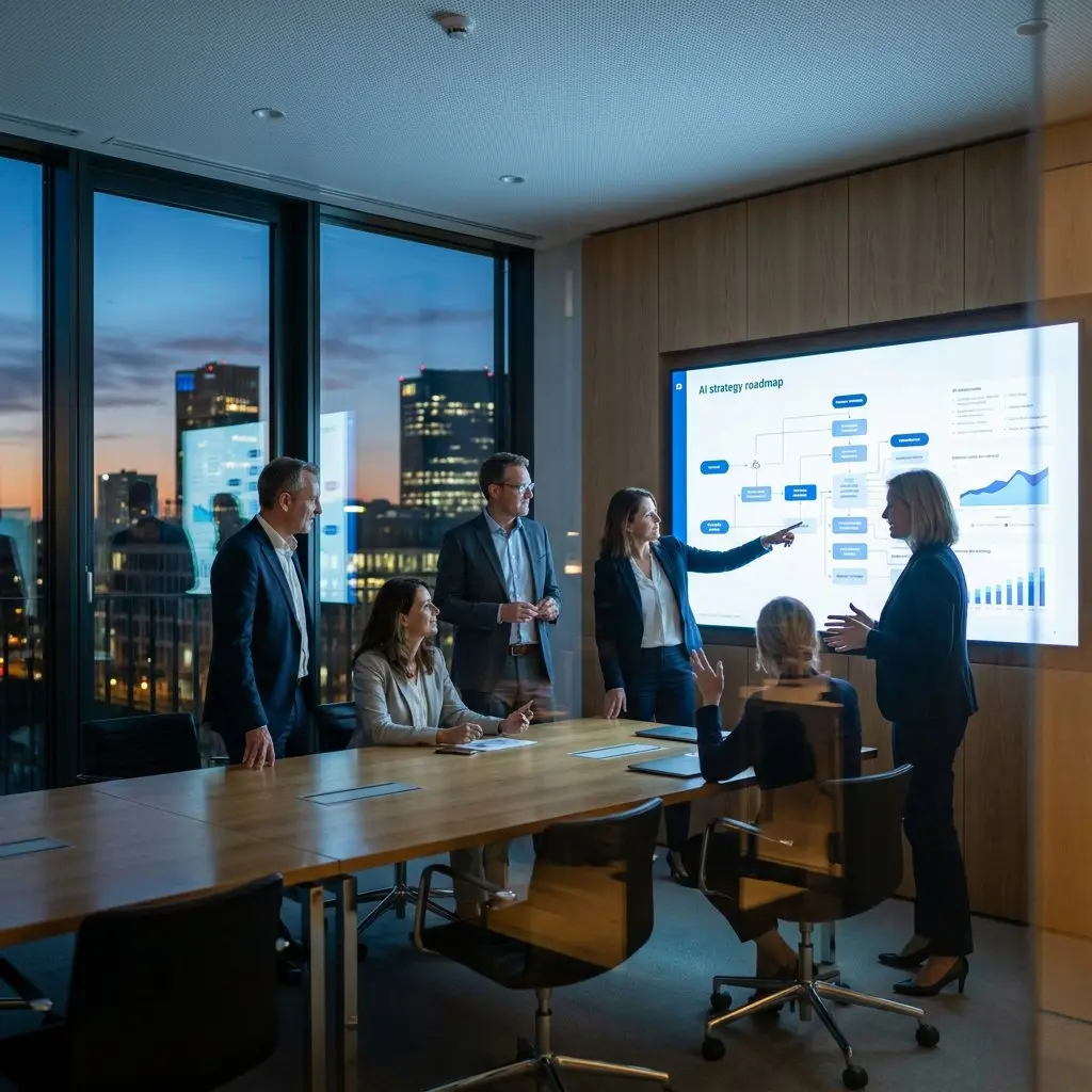 Business leaders discussing an AI strategy roadmap during a boardroom presentation.