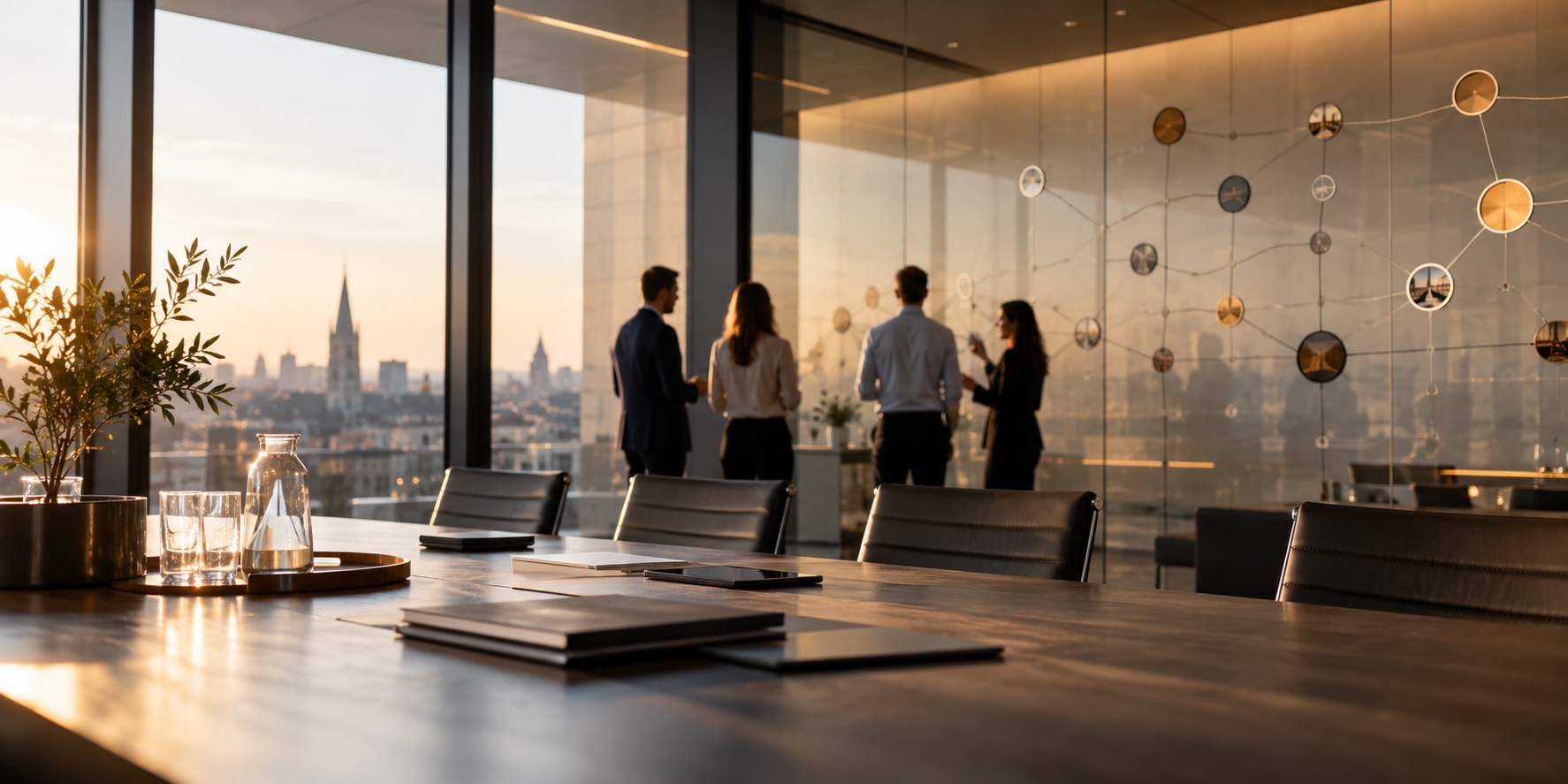 Executive team discussing a digital operating model and organisational transformation in a modern boardroom