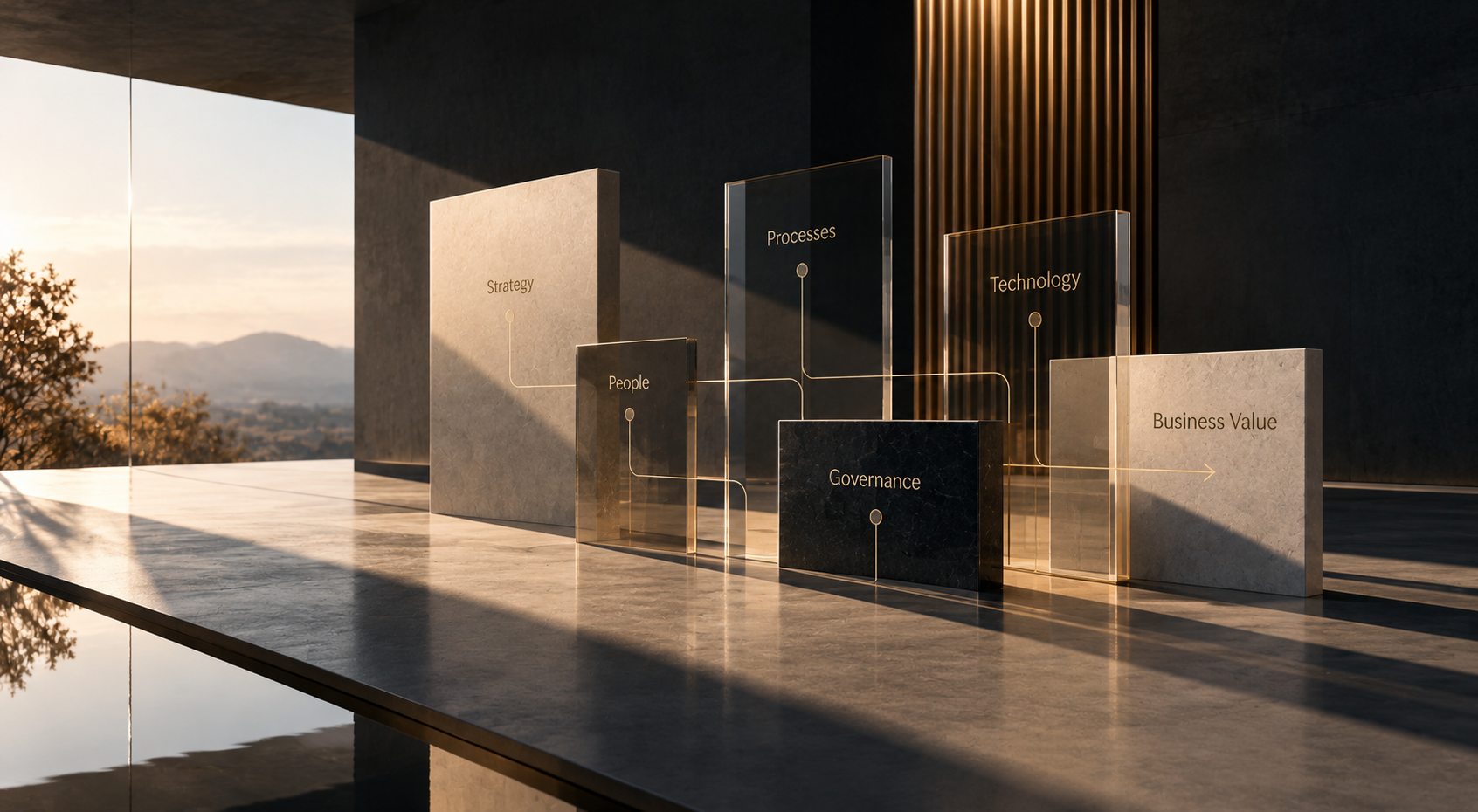 Conceptual architectural installation illustrating IT operating model design through interconnected structures representing strategy, governance, people, processes and technology.