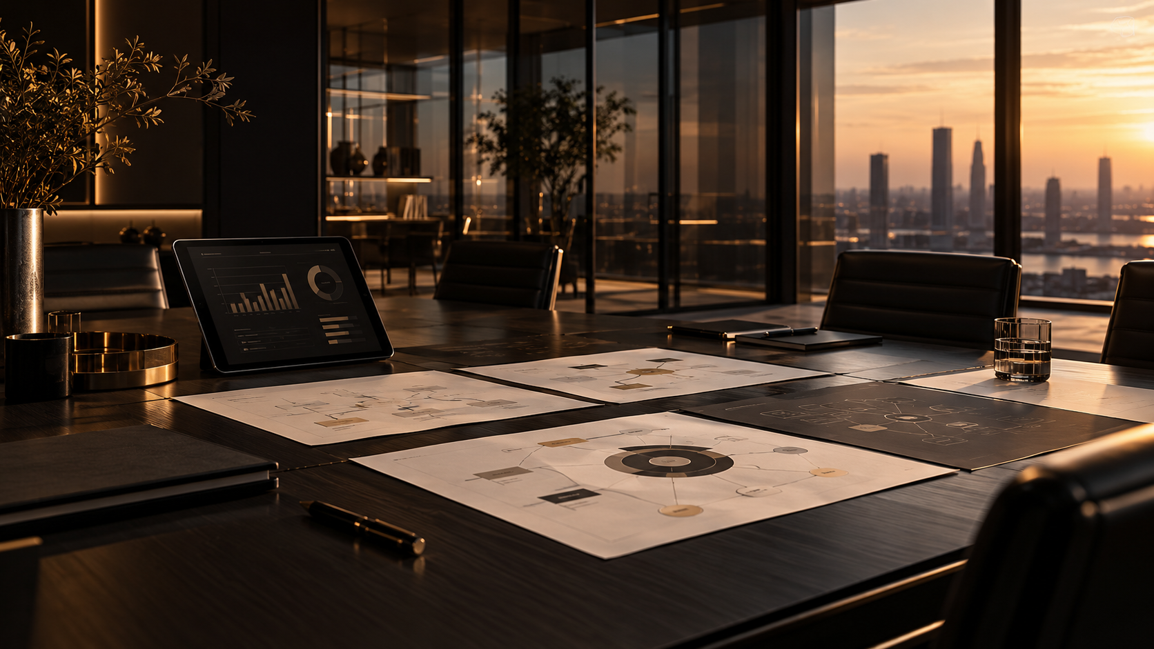Modern executive boardroom with financial dashboards and organisational planning documents illustrating finance operating model design.
