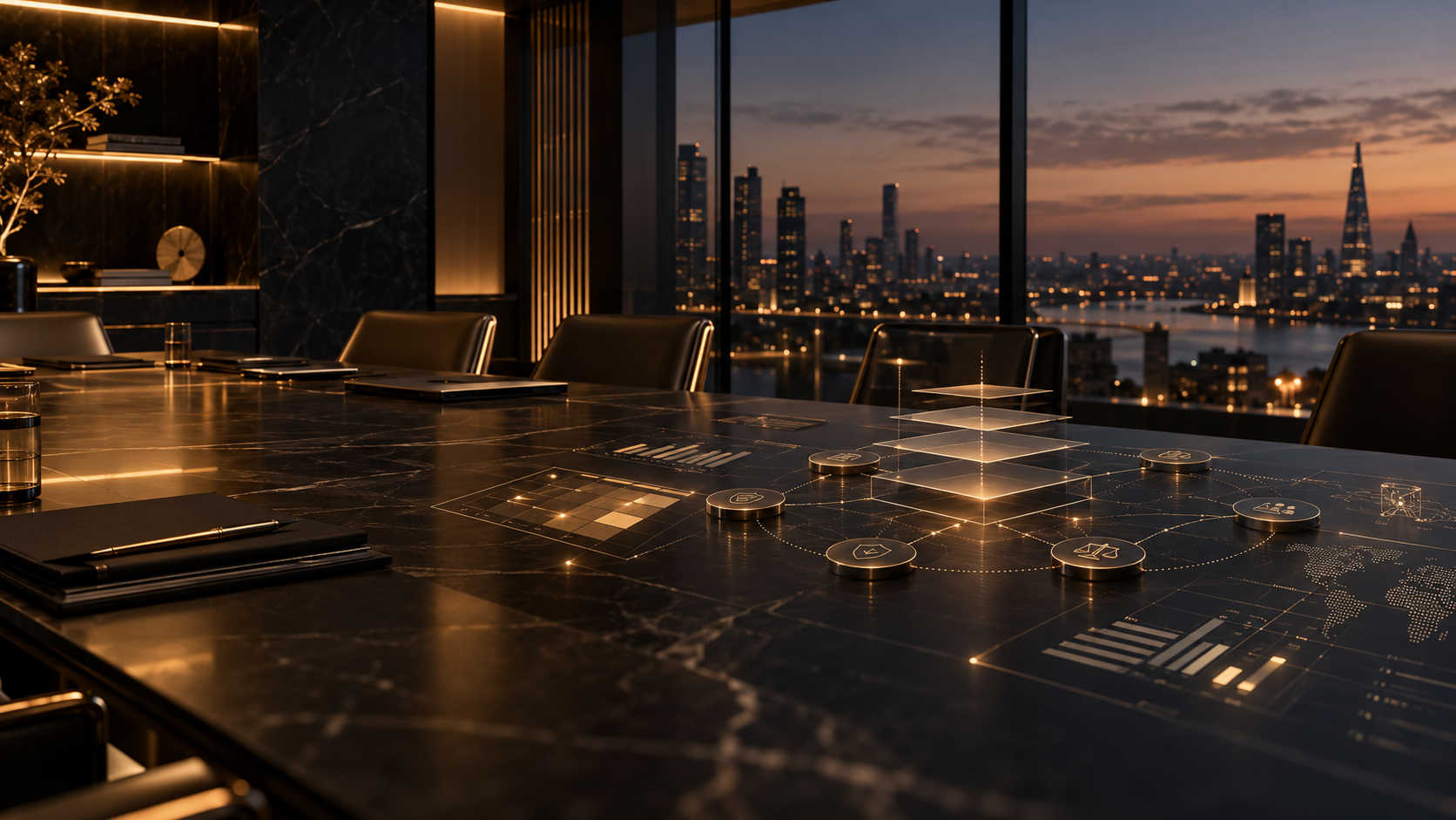 Premium executive boardroom featuring a digital AI governance framework with interconnected risk controls, oversight structures and strategic decision-making dashboards. Copy
