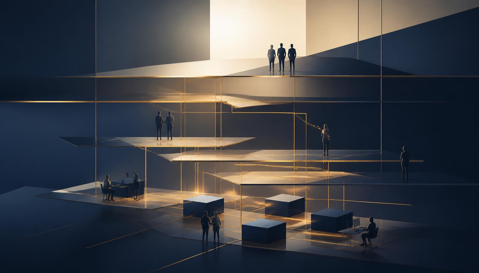 Layered navy architecture with gold connecting lines, symbolising strategy cascading into execution