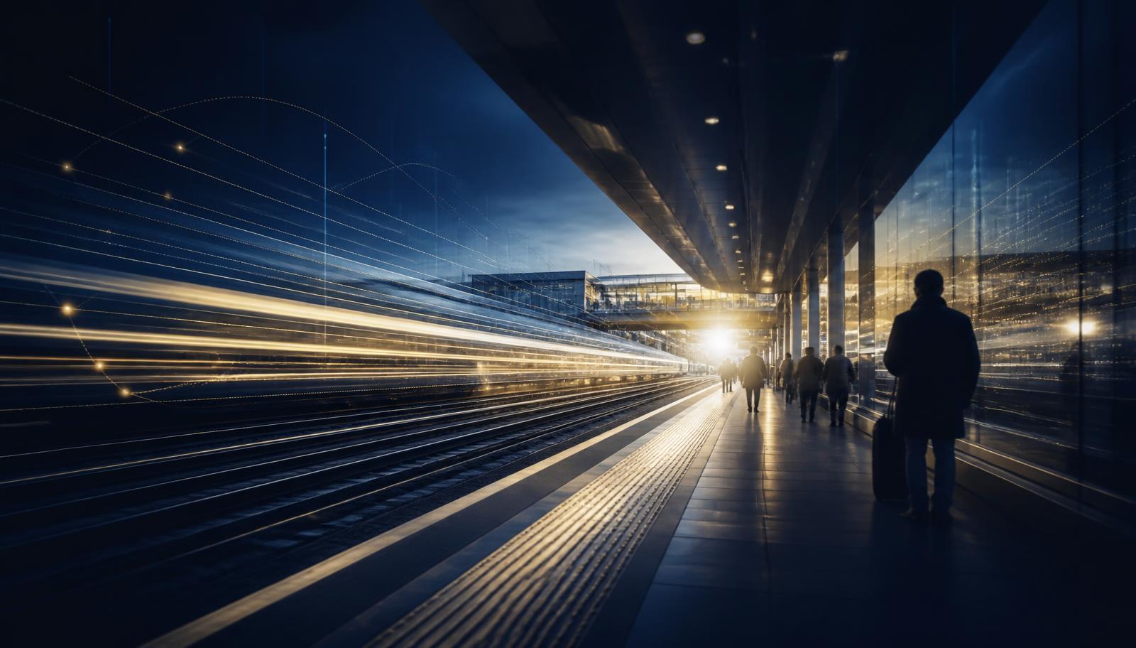 Rail platform at dusk with gold light traces, symbolising a connected customer journey and technology delivery