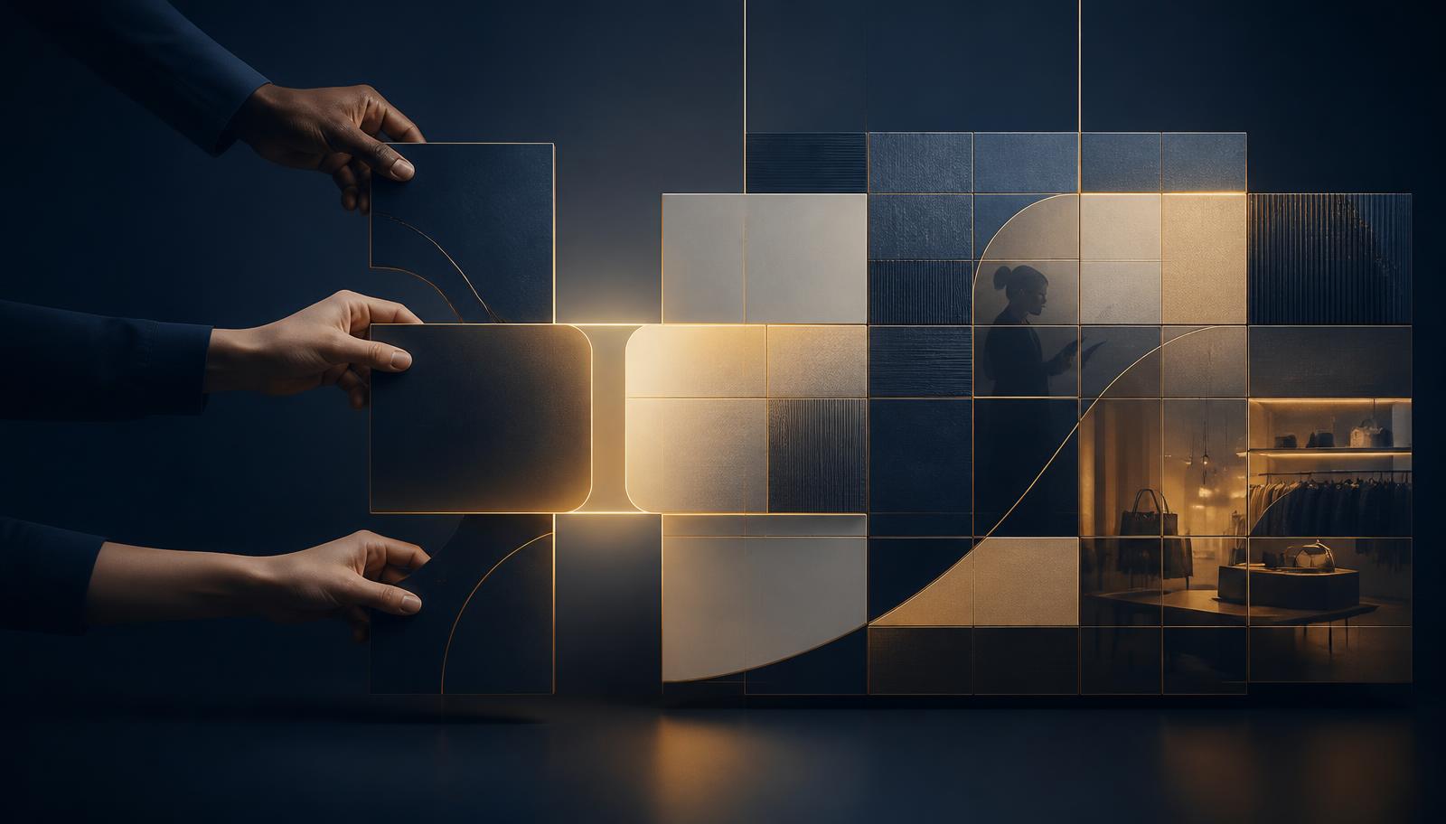 Abstract navy and gold composition of modular panels converging into one integrated digital product