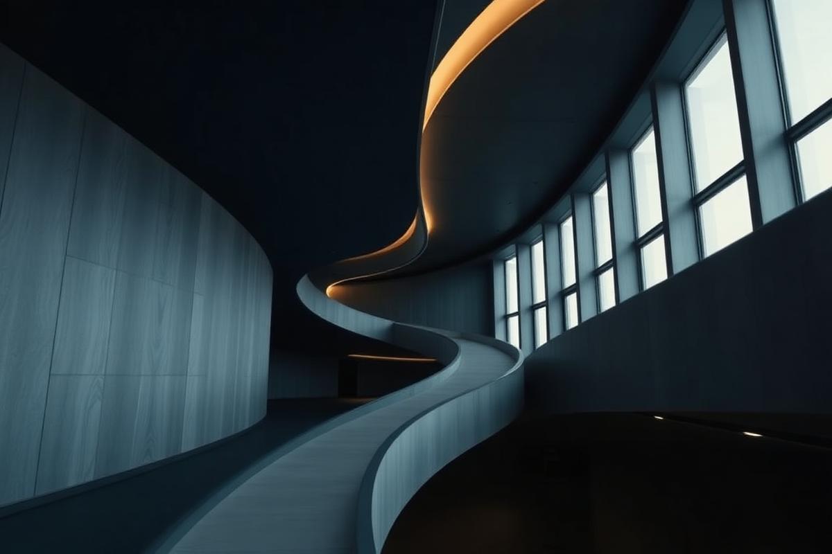 Curved architectural walkway lit by warm light, symbolising organisational adaptability