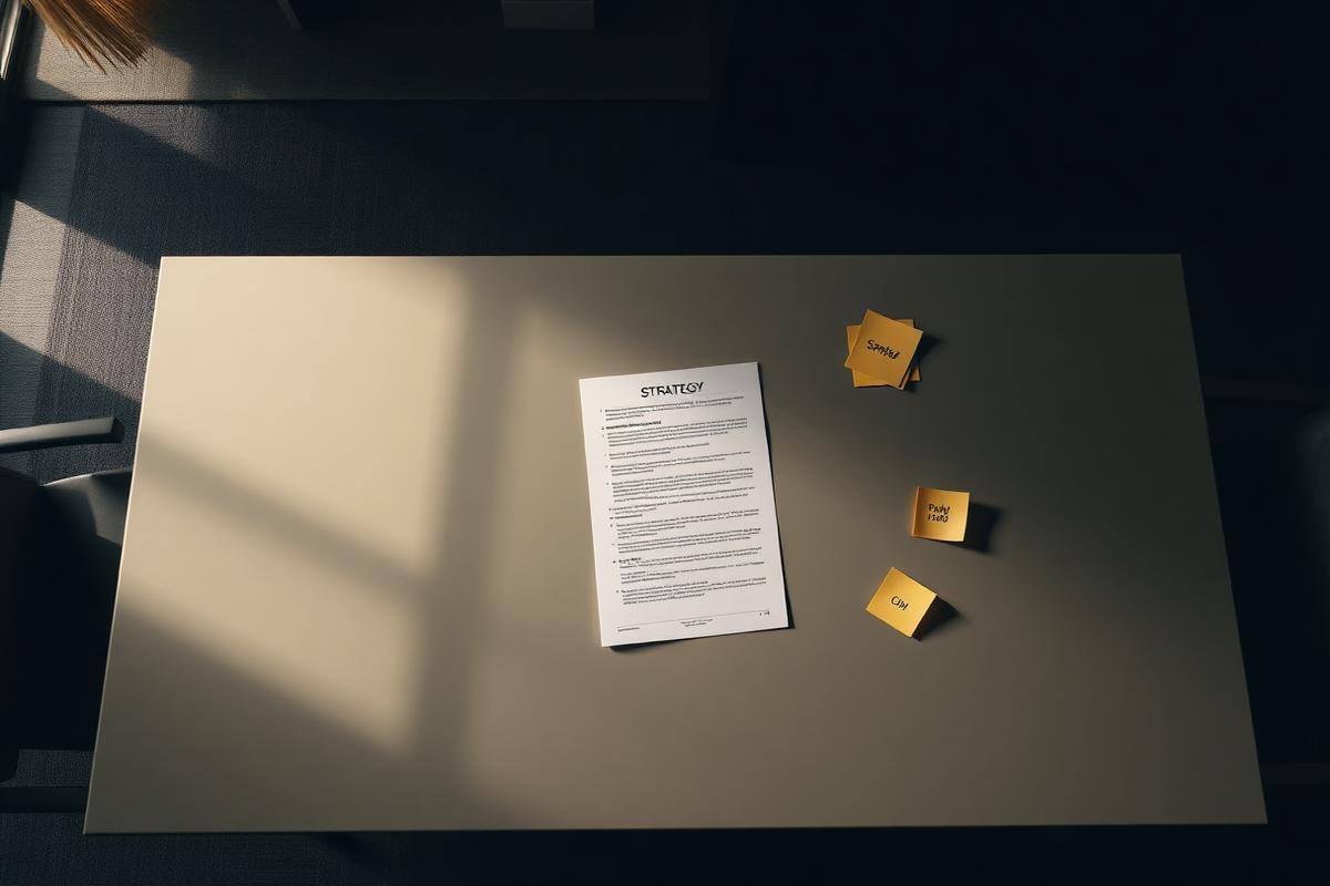 Strategy document and sticky notes on a boardroom table in low light